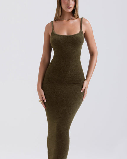Khaki zachte, pluizige gebreide maxi-jurk