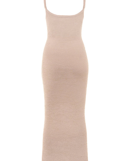Khaki zachte, pluizige gebreide maxi-jurk