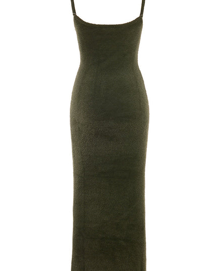 Khaki zachte, pluizige gebreide maxi-jurk