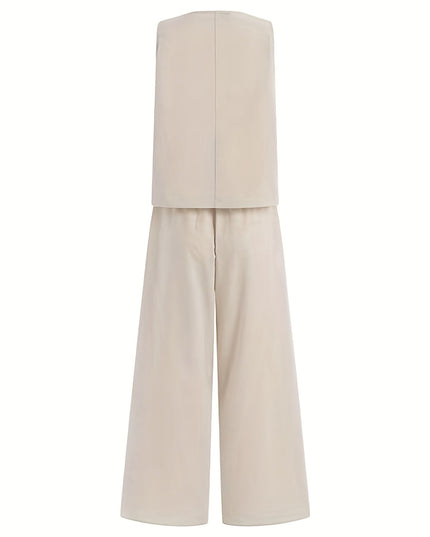 Beige mouwloos tanktopje en wijde broek