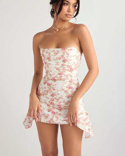 Strapless mini-jurk met rozenprint
