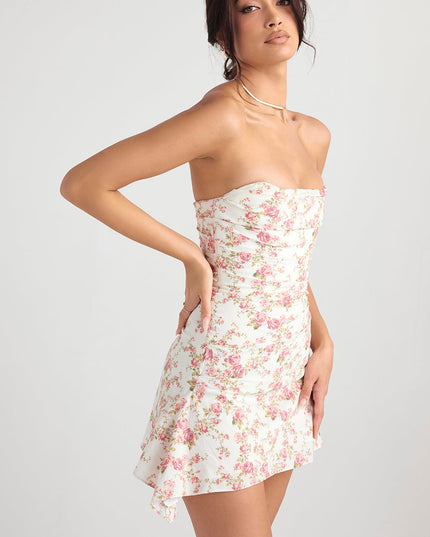 Strapless mini-jurk met rozenprint