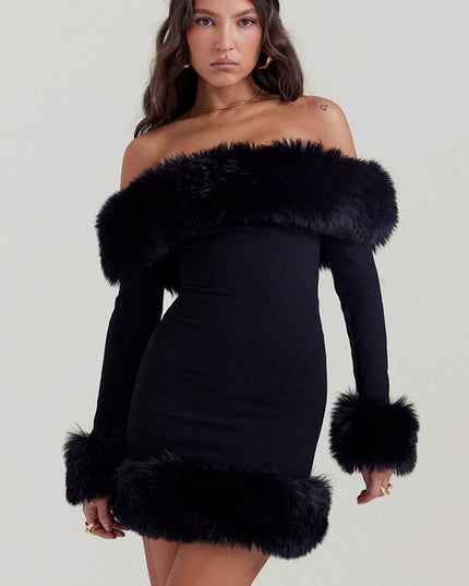 Zwarte elegante mini-jurk met bont