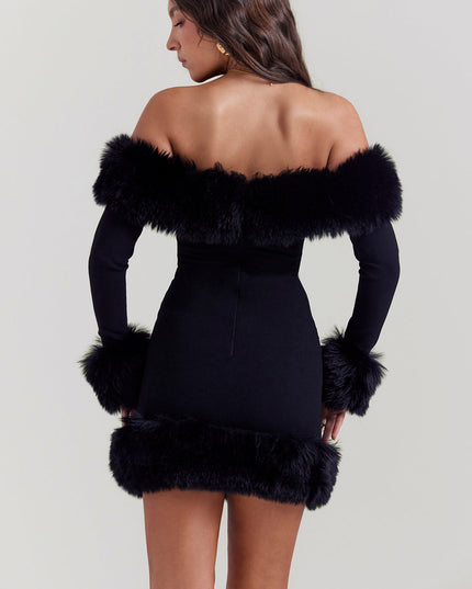 Zwarte elegante mini-jurk met bont