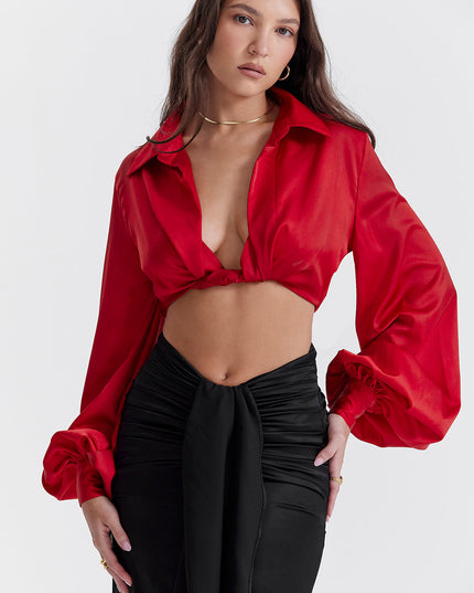 Zijden blouse top met gedrapeerde lange zijden rok
