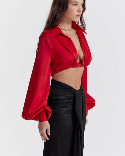 Zijden blouse top met gedrapeerde lange zijden rok