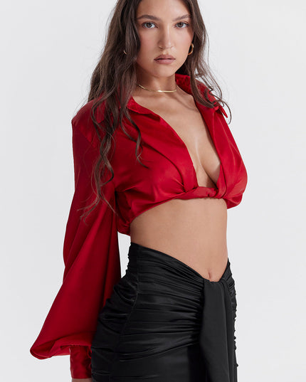 Zijden blouse top met gedrapeerde lange zijden rok