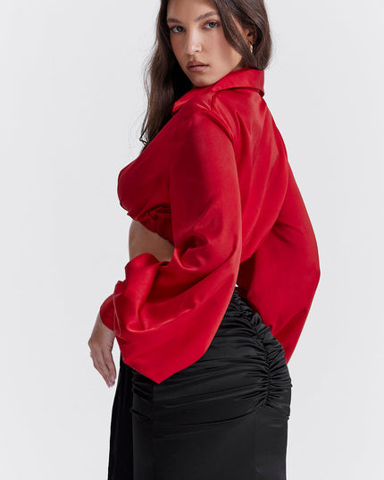 Zijden blouse top met gedrapeerde lange zijden rok
