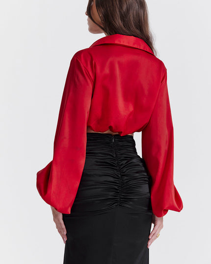 Zijden blouse top met gedrapeerde lange zijden rok