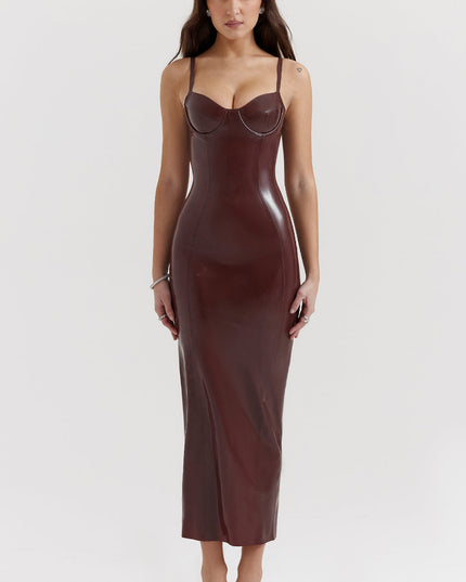 Chocolade elegante midi-jurk in latex
