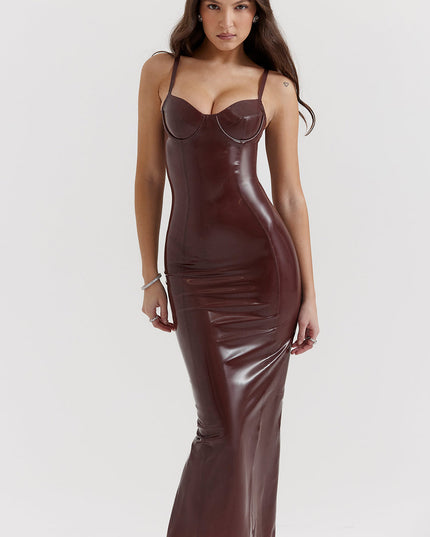 Chocolade elegante midi-jurk in latex