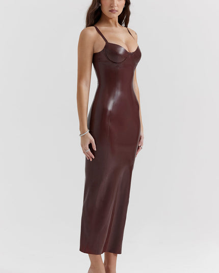 Chocolade elegante midi-jurk in latex