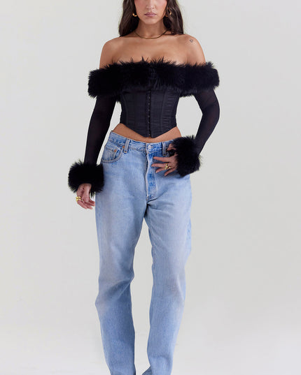Zwarte off-shoulder korset met biologische bont