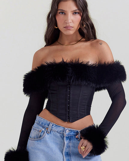 Zwarte off-shoulder korset met biologische bont
