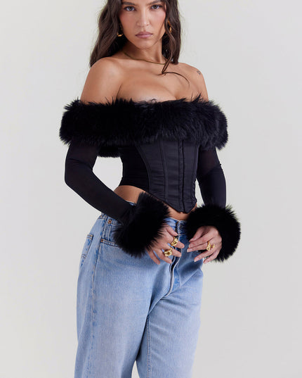 Zwarte off-shoulder korset met biologische bont