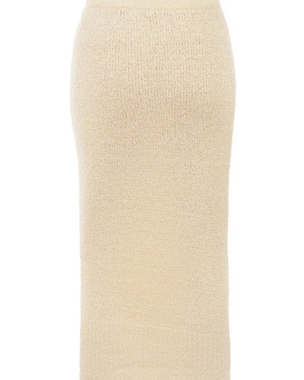 Crèmekleurige zachte bouclé gebreide cropped trui met rok