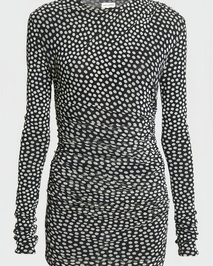 Zwarte polyace mini-jurk met witte stippen