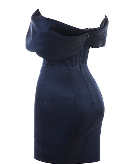 Midi-rok met bandjes in marineblauwe satijn