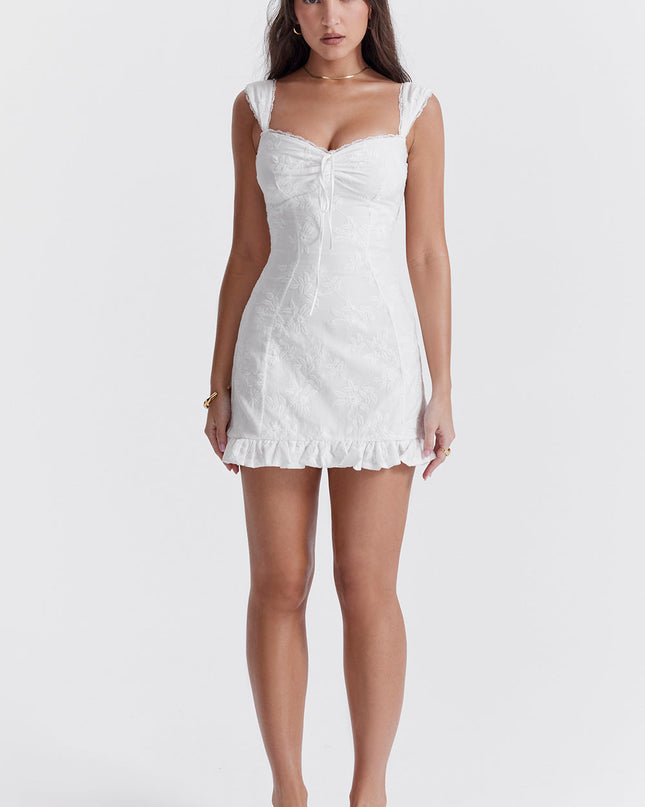 Witte geborduurde mini-jurk