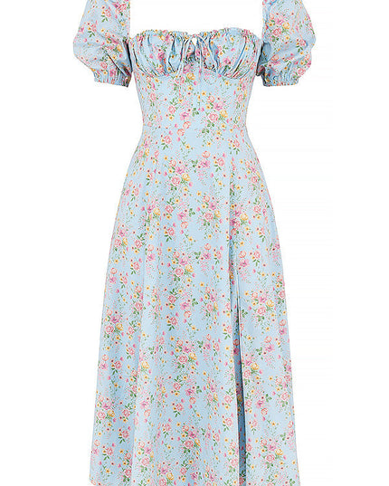 Middelgrote zomerjurk met bloemen pofmouwen