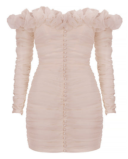 Strapless jurk van ivoorkleurige chiffon met ruches