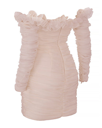 Strapless jurk van ivoorkleurige chiffon met ruches