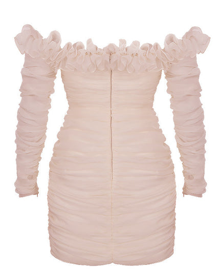 Strapless jurk van ivoorkleurige chiffon met ruches