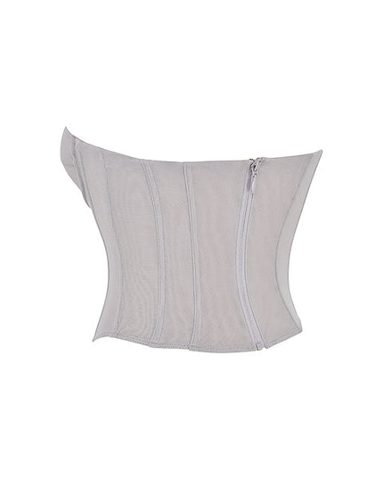 Grijs jumperkorset met geplooide lange satijnen rok