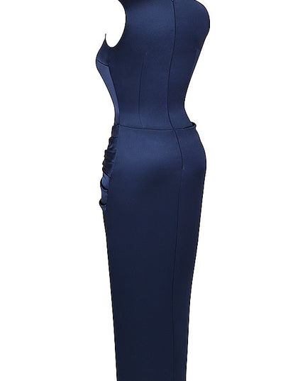 Marineblauwe lange jurk met lage split