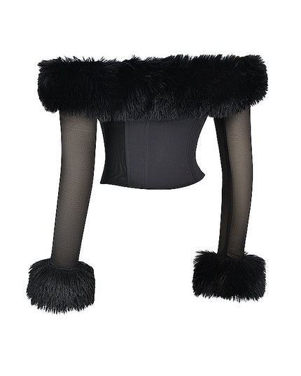 Zwarte off-shoulder korset met biologische bont
