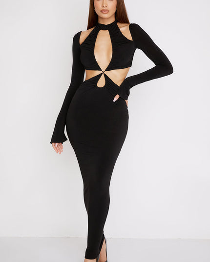 Zwarte maxi-jurk van jersey met uitsparing