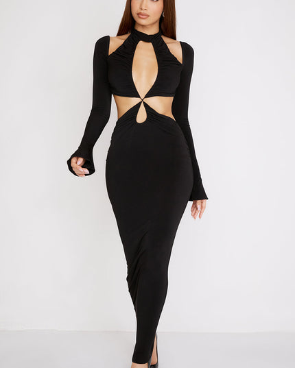 Zwarte maxi-jurk van jersey met uitsparing