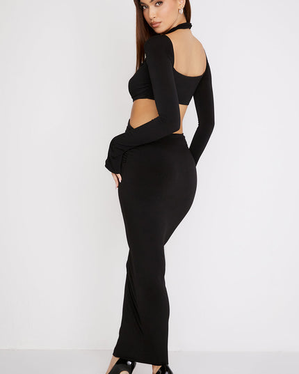Zwarte maxi-jurk van jersey met uitsparing