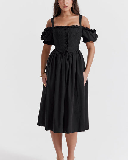 Zwarte midi-zomerjurk met pofmouwen