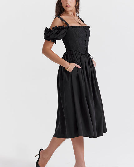 Zwarte midi-zomerjurk met pofmouwen
