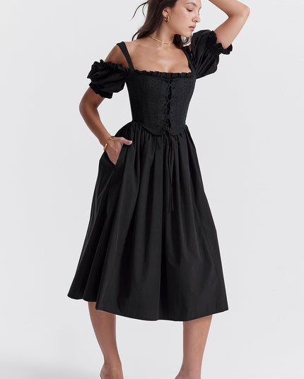 Zwarte midi-zomerjurk met pofmouwen