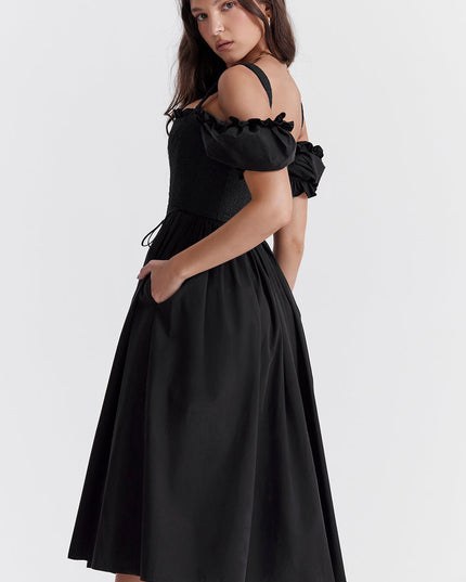 Zwarte midi-zomerjurk met pofmouwen