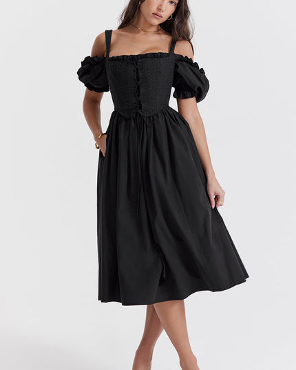 Zwarte midi-zomerjurk met pofmouwen