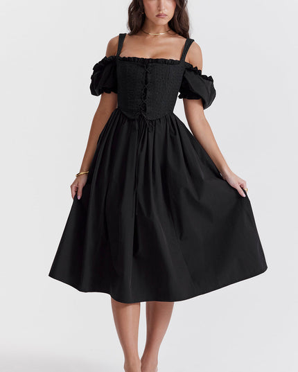 Zwarte midi-zomerjurk met pofmouwen