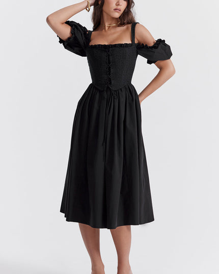 Zwarte midi-zomerjurk met pofmouwen