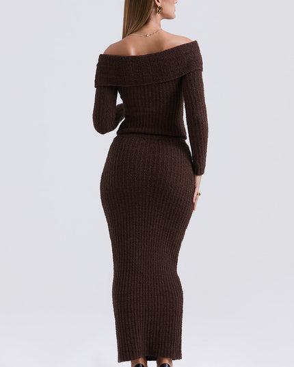 Gebreide off-shoulder top in chocoladekleur met lange katoenen rok